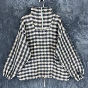 Earth Ragz Buffalo Plaid Quarter Zip Pullover Black Cream XL Drawstring Hem